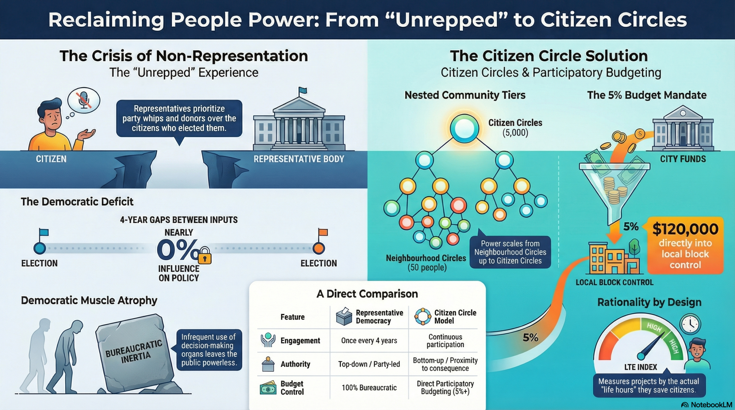 Reclaiming People Power: From Unrepped to Citizen Circles — infographic showing the democratic deficit, democratic muscle atrophy, and the Citizen Circle solution with nested community tiers and the 5% budget mandate