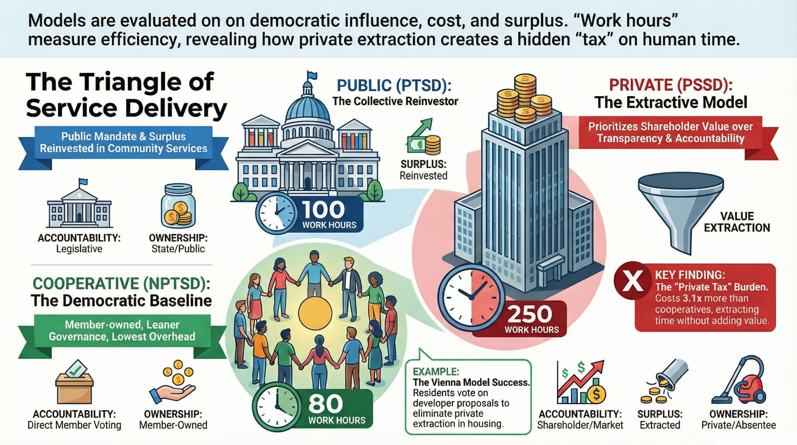 The Triangle of Service Delivery — infographic evaluating three models on democratic influence, cost, and surplus. Public (PTSD) 100 work hours, Cooperative (NPTSD) 80 work hours, Private (PSSD) 250 work hours. Key finding: the Private Tax Burden costs 3.1× more than cooperatives.