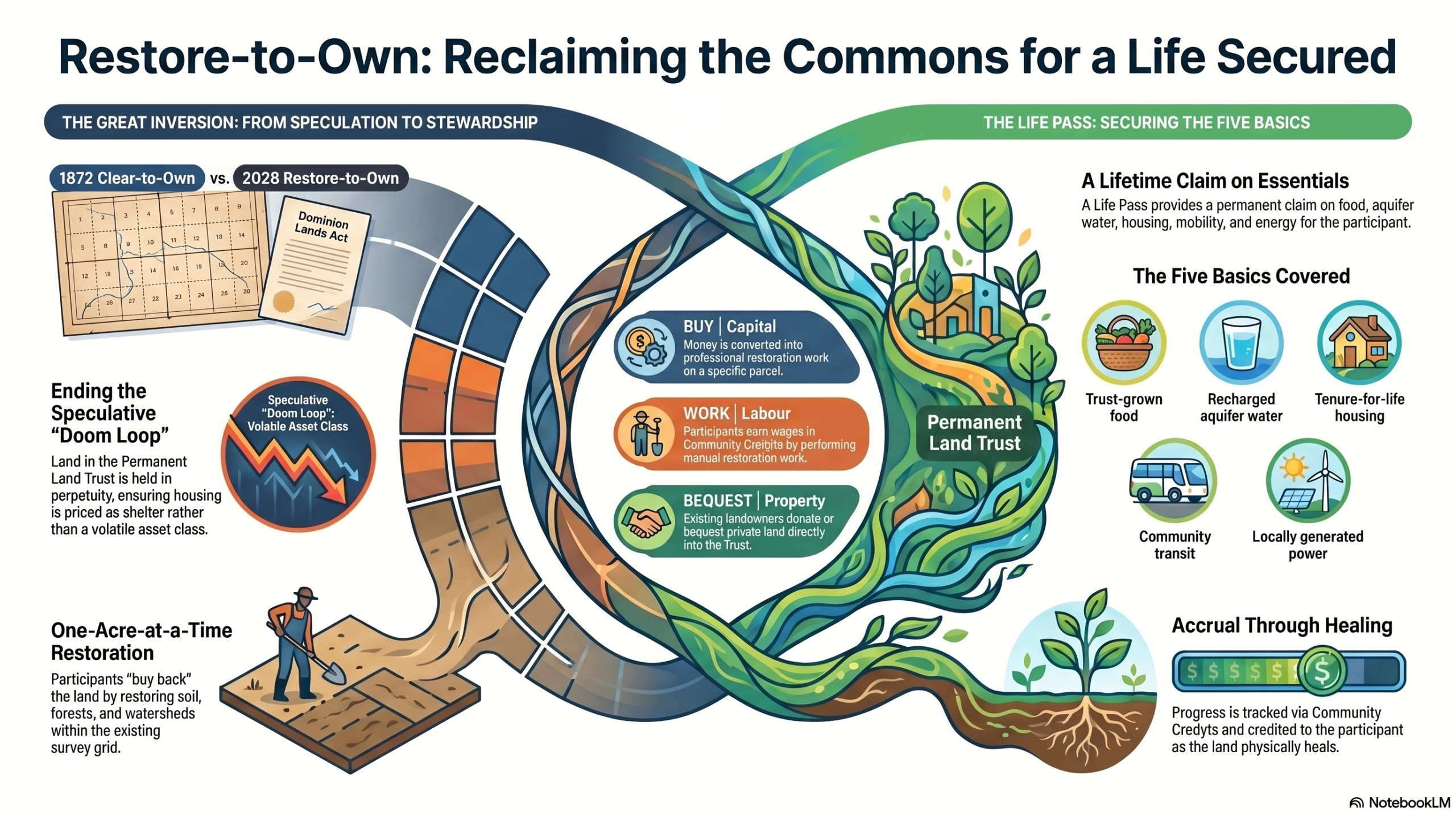 Restore-to-Own — inverting the Dominion Lands Act: clearing the commons into private title (1872) becomes restoring private extraction back into the commons (2026)
